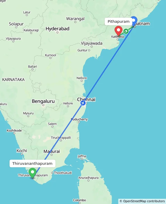Route map showing distance and travel time from Thiruvananthapuram, India to Pithapuram, India