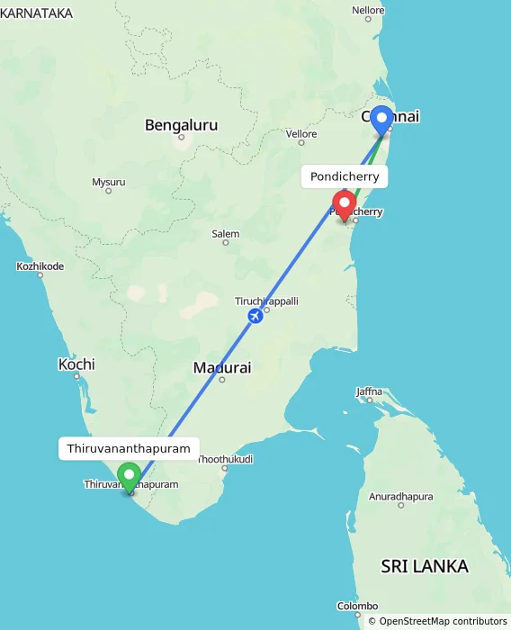 Route map showing distance and travel time from Thiruvananthapuram, India to Puducherry, India