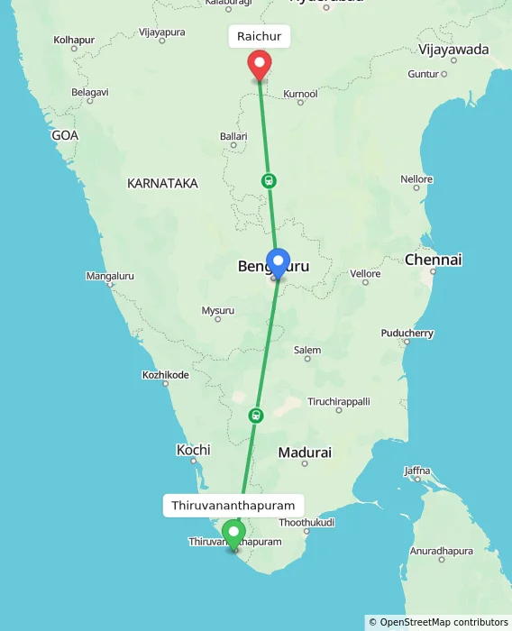 Route map showing distance and travel time from Thiruvananthapuram, India to Raichur, India