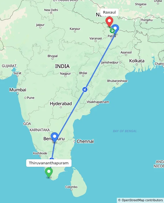Route map showing distance and travel time from Thiruvananthapuram, India to Raxaul, India