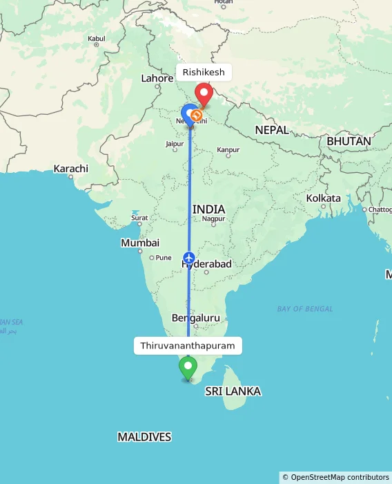 Route map showing distance and travel time from Thiruvananthapuram, India to Rishikesh, India