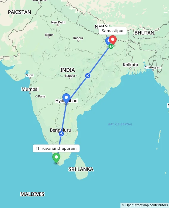 Route map showing distance and travel time from Thiruvananthapuram, India to Samastipur, India