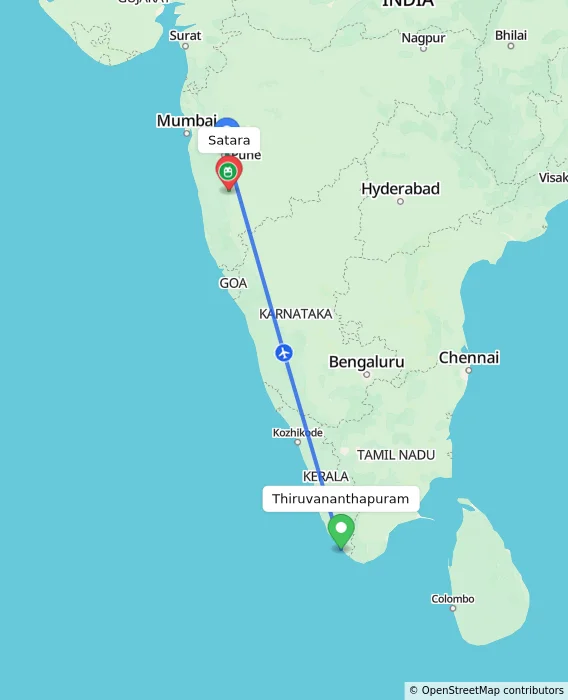 Route map showing distance and travel time from Thiruvananthapuram, India to Satara, India
