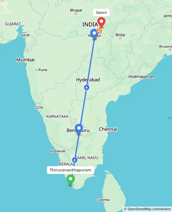 Route map showing distance and travel time from Thiruvananthapuram, India to Seoni, India