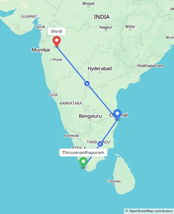 Route map showing distance and travel time from Thiruvananthapuram, India to Shirdi, India