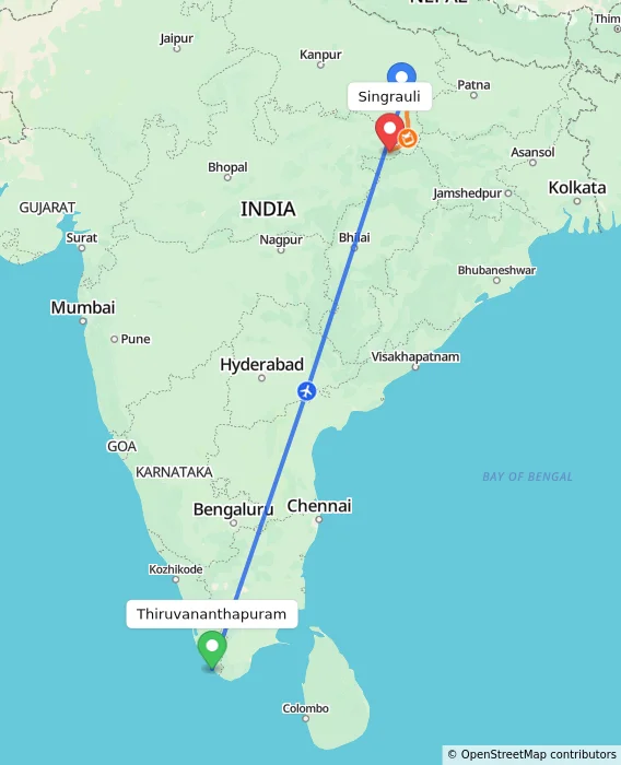 Route map showing distance and travel time from Thiruvananthapuram, India to Singrauli, India