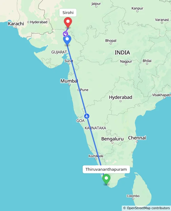 Route map showing distance and travel time from Thiruvananthapuram, India to Sirohi, India