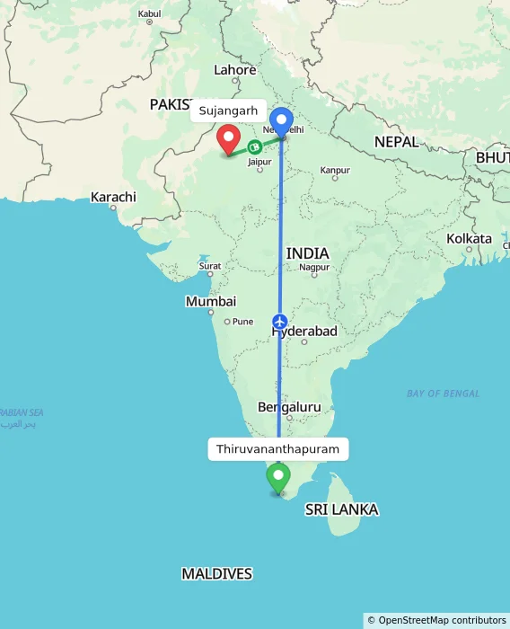 Route map showing distance and travel time from Thiruvananthapuram, India to Sujangarh, India
