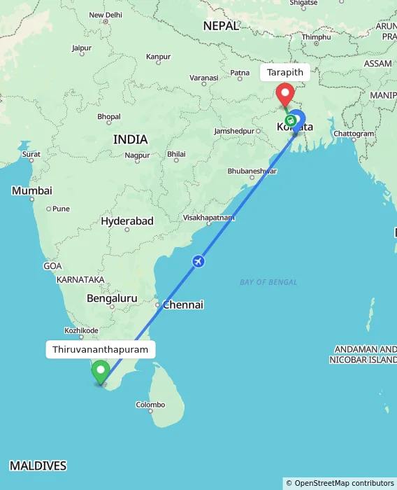 Route map showing distance and travel time from Thiruvananthapuram, India to Tarapith, India