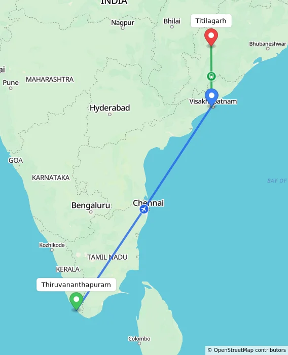 Route map showing distance and travel time from Thiruvananthapuram, India to Titilagarh, India