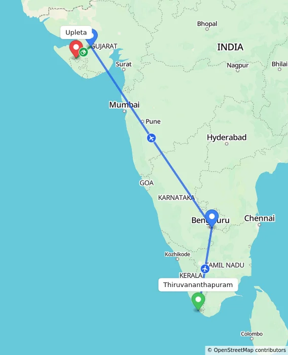Route map showing distance and travel time from Thiruvananthapuram, India to Upleta, India