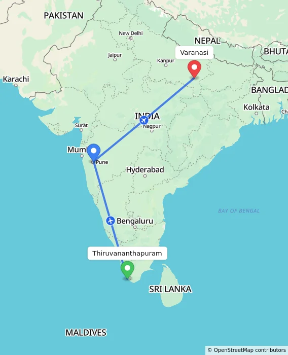 Route map showing distance and travel time from Thiruvananthapuram, India to Varanasi, India