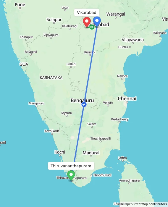 Route map showing distance and travel time from Thiruvananthapuram, India to Vikarabad, India