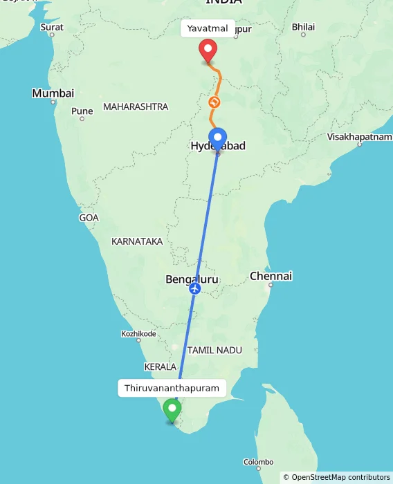 Route map showing distance and travel time from Thiruvananthapuram, India to Yavatmal, India