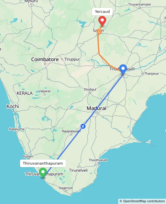 Route map showing distance and travel time from Thiruvananthapuram, India to Yercaud, India