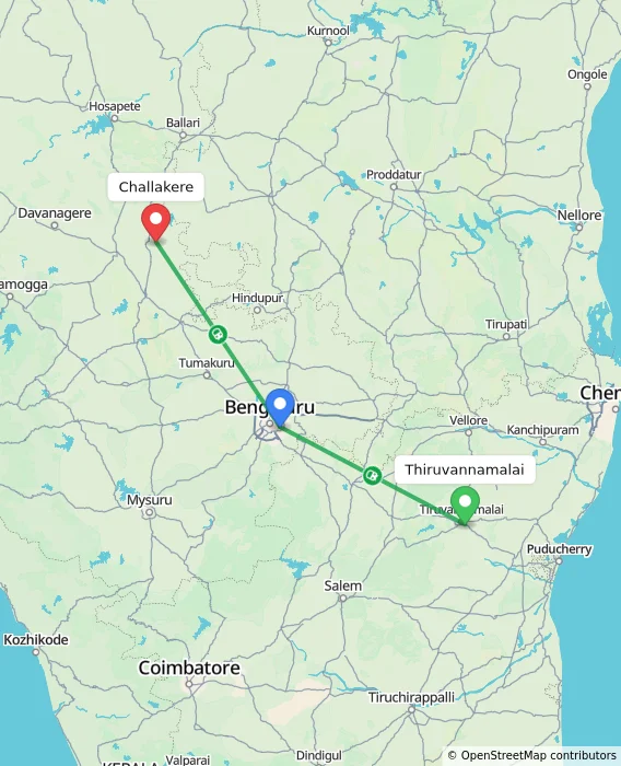 Route map showing distance and travel time from Thiruvannamalai, India to Challakere, India