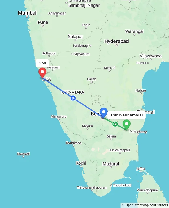 Route map showing distance and travel time from Thiruvannamalai, India to Goa, India