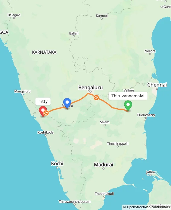 Route map showing distance and travel time from Thiruvannamalai, India to Iritty, India