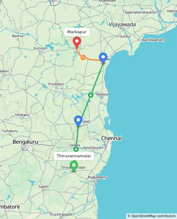 Route map showing distance and travel time from Thiruvannamalai, India to Markapur, India