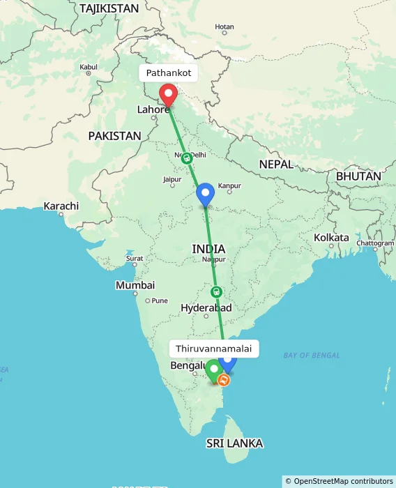 Route map showing distance and travel time from Thiruvannamalai, India to Pathankot, India