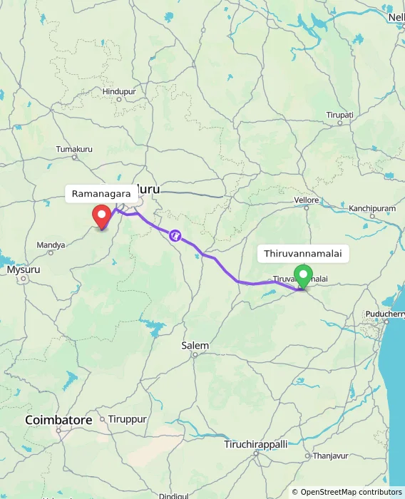 Route map showing distance and travel time from Thiruvannamalai, India to Ramanagara, India
