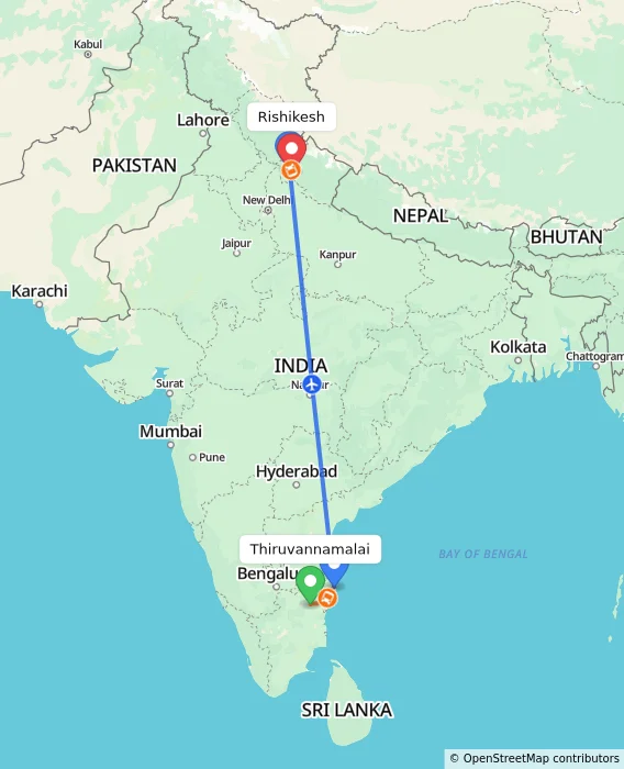 Route map showing distance and travel time from Thiruvannamalai, India to Rishikesh, India