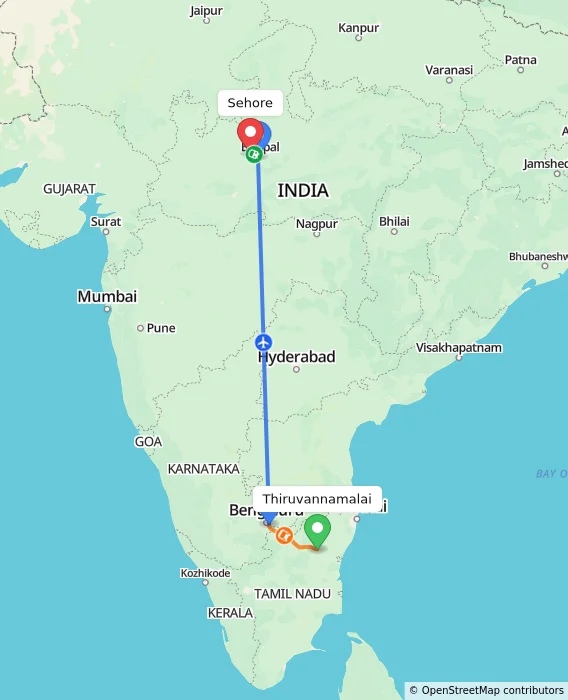 Route map showing distance and travel time from Thiruvannamalai, India to Sehore, India