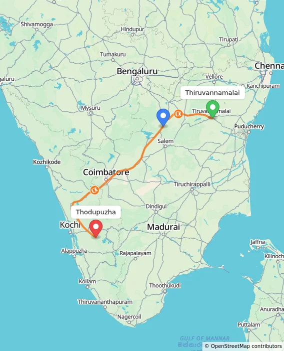 Route map showing distance and travel time from Thiruvannamalai, India to Thodupuzha, India