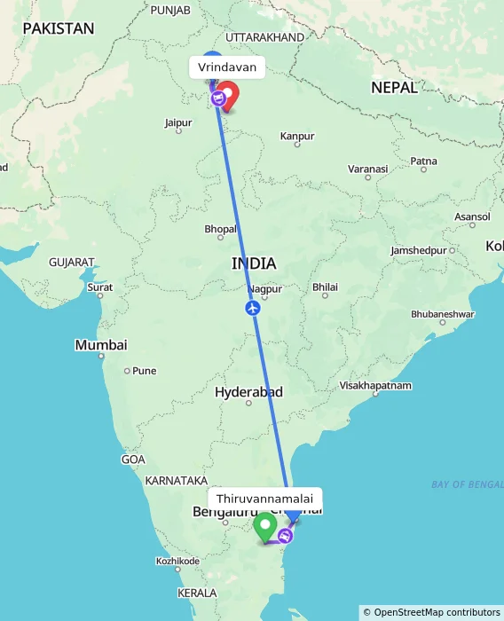 Route map showing distance and travel time from Thiruvannamalai, India to Vrindavan, India