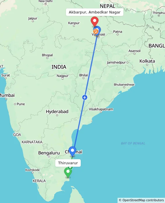 Route map showing distance and travel time from Thiruvarur, India to Akbarpur, Ambedkar Nagar, India