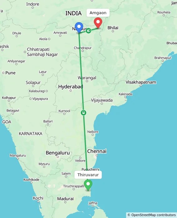 Route map showing distance and travel time from Thiruvarur, India to Amgaon, India