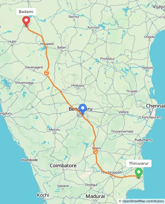 Route map showing distance and travel time from Thiruvarur, India to Badami, India