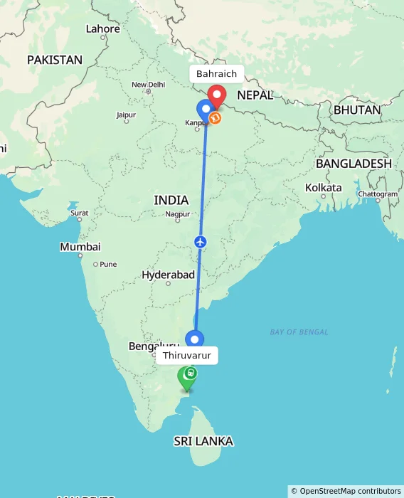 Route map showing distance and travel time from Thiruvarur, India to Bahraich, India