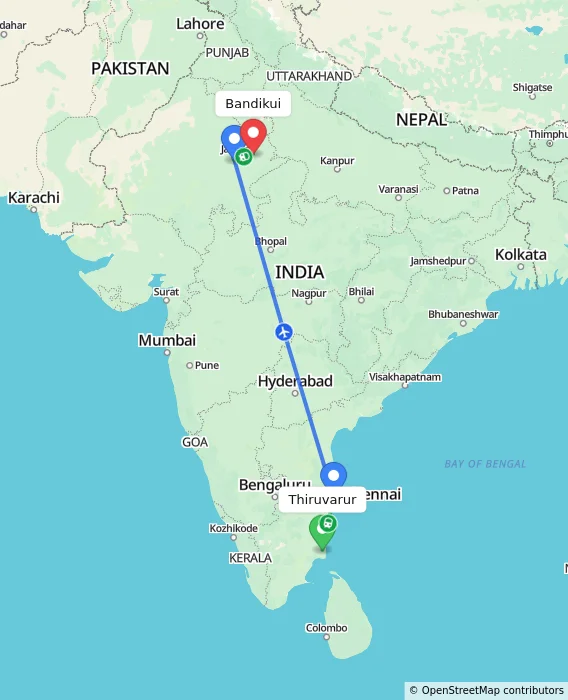Route map showing distance and travel time from Thiruvarur, India to Bandikui, India