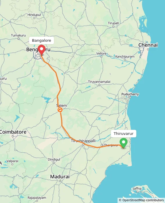 Route map showing distance and travel time from Thiruvarur, India to Bangalore, India