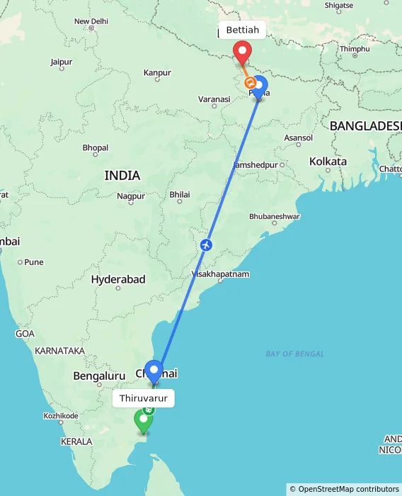 Route map showing distance and travel time from Thiruvarur, India to Bettiah, India