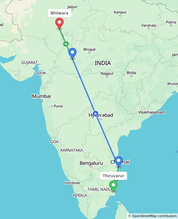 Route map showing distance and travel time from Thiruvarur, India to Bhilwara, India