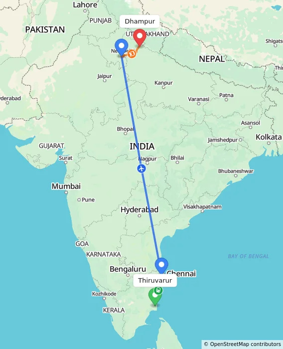 Route map showing distance and travel time from Thiruvarur, India to Dhampur, India