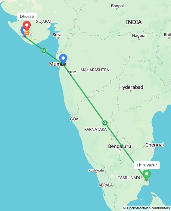 Route map showing distance and travel time from Thiruvarur, India to Dhoraji, India