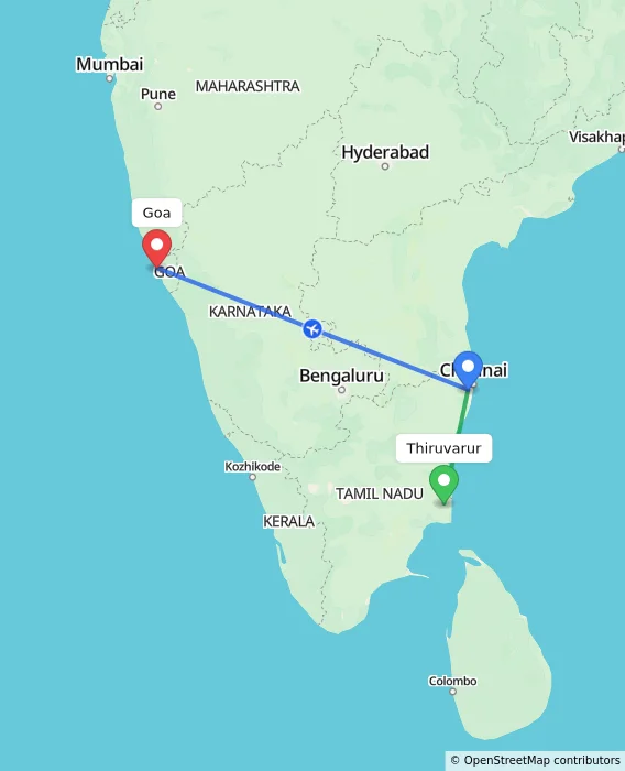 Route map showing distance and travel time from Thiruvarur, India to Goa, India