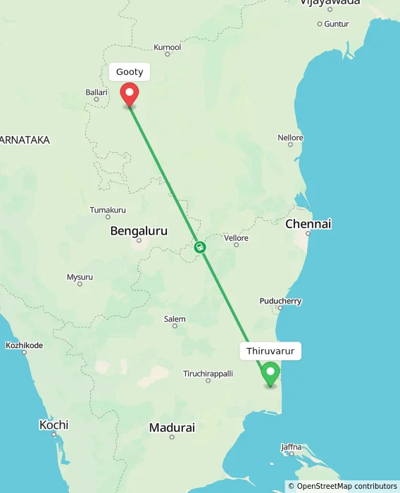 Route map showing distance and travel time from Thiruvarur, India to Gooty, India