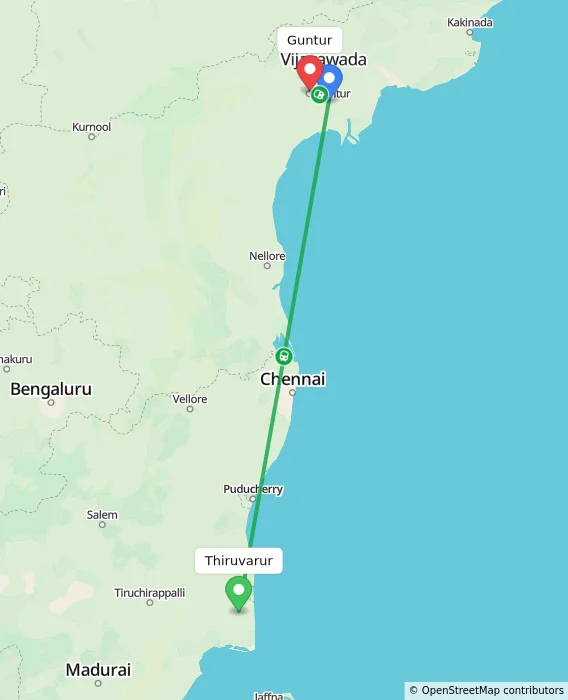 Route map showing distance and travel time from Thiruvarur, India to Guntur, India