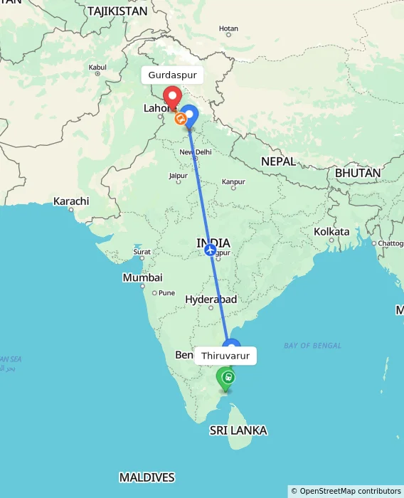 Route map showing distance and travel time from Thiruvarur, India to Gurdaspur, India