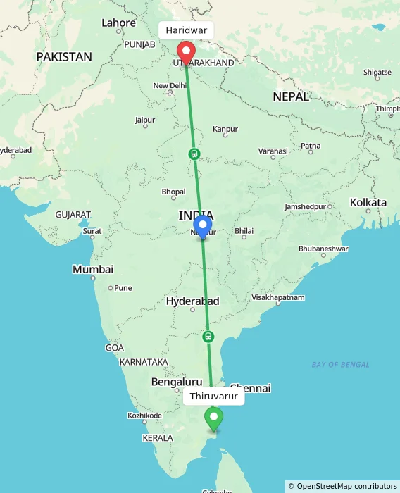 Route map showing distance and travel time from Thiruvarur, India to Haridwar, India