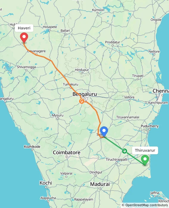 Route map showing distance and travel time from Thiruvarur, India to Haveri, India