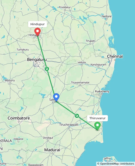 Route map showing distance and travel time from Thiruvarur, India to Hindupur, India