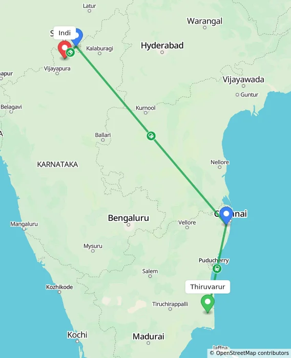 Route map showing distance and travel time from Thiruvarur, India to Indi, India