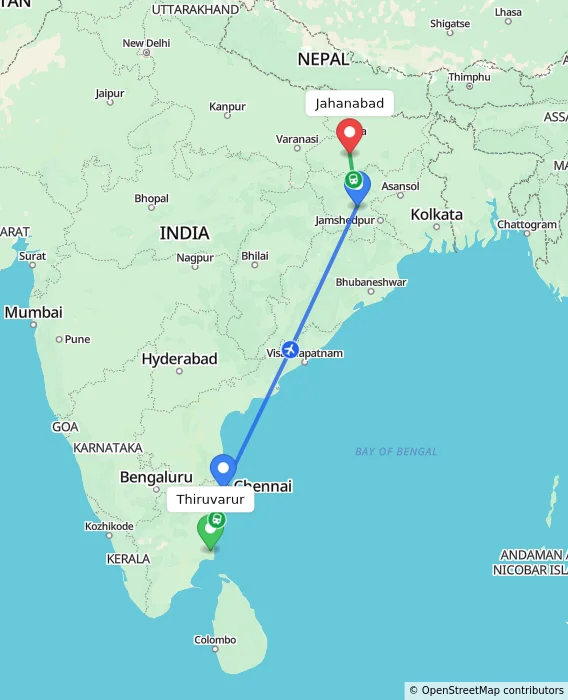 Route map showing distance and travel time from Thiruvarur, India to Jahanabad, India