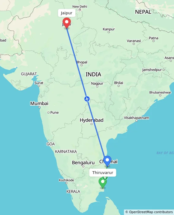Route map showing distance and travel time from Thiruvarur, India to Jaipur, India