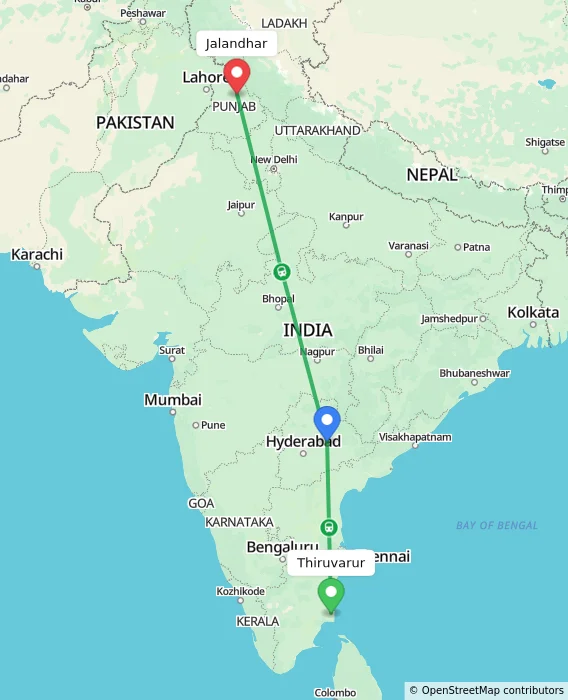 Route map showing distance and travel time from Thiruvarur, India to Jalandhar, India